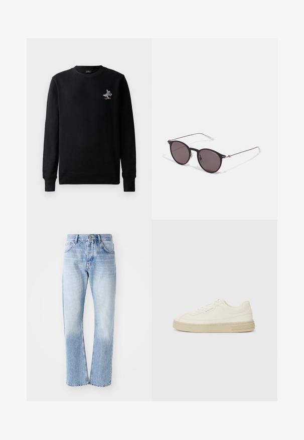 Melna sporta krekls ar apaļu kaklu, garām piedurknēm un nelielu, krāsainu izšūtu grafiku ar trušu uz skrituļdēļa. Mīksts auduma tekstūra.; Gaiši zili džinsu bikses ar taisnu kāju griezumu. Ar piecu kabatu dizainu, pogu aizdari un izbalējušu tekstūru apakšā.; Baltas kanvas sporta apavi ar strukturētu gumijas zoli, ar šūtu purngalu un logotipu uz papēža. Vienkāršs auklu aizdare dizains.; Melni apaļi saulesbrilles ar tumšiem lēca un plānām metāla stangām. Iekļautas caurspīdīgas tempļu galviņas un sudraba akcenti pie eņģes. Minimalistisks dizains.