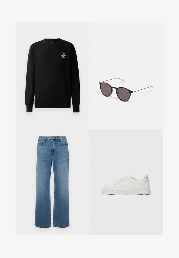 Svart hettegenser med rund hals, lange ermer og en liten, fargerik brodert grafikk av en kanin på et skateboard. Myk tekstur.; Bredde ben blå jeans laget av denim med en falmet finish. Har fem lommer, frontlukking med knapper og rett snitt.; Hvite lærersneakers med en jevn overflate, rund tå, flate lisser og en teksturert såle. Har en subtil logo på hælen.; Sorte, runde solbriller med mørke linser og slanke metalarmer. Inkluderer klare temple tips og sølvfargede detaljer ved hengslet. Minimalistisk design.