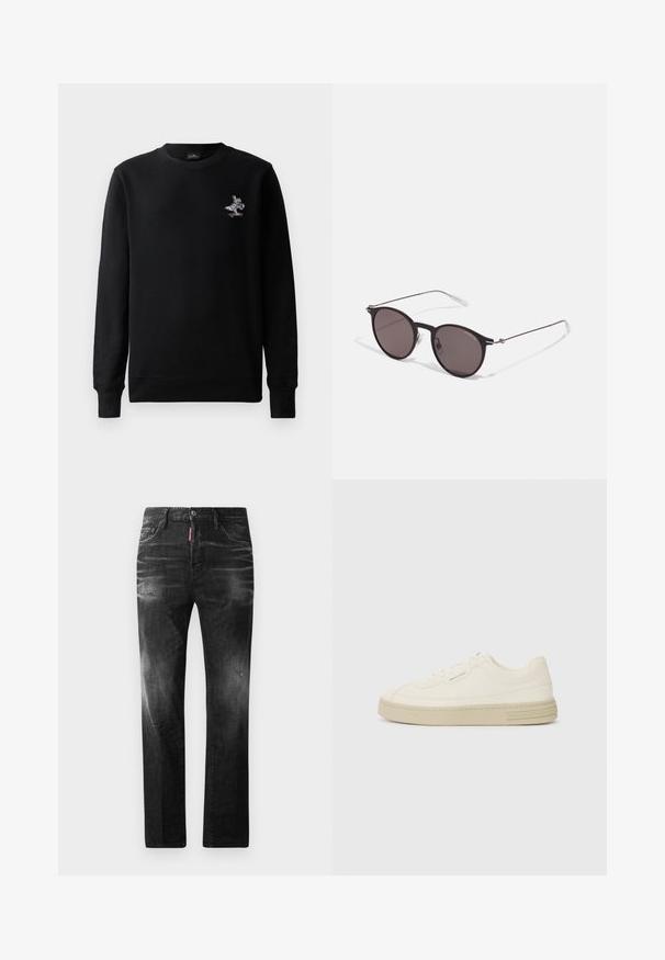Fekete pulóver kerek nyakkal, hosszú ujjakkal, és egy kis, színes hímzett grafikával, amelyen egy nyúl gördeszkázik. Puha anyagú textúra.; Fekete farmernadrág egyenes szabással. Fakadó területek, kisebb kopások, klasszikus öt zsebes kialakítás és gombos zárás jellemzi.; Fehér vászon sportcipők texturált gumitalppal, varrott orral és logóval díszített sarokkal. Egyszerű fűzős kialakítás.; Fekete kerek napszemüveg sötét lencsékkel és karcsú fém szárakkal. Átlátszó szárvégeket és ezüst részleteket tartalmaz az ívnél. Minimalista dizájn.