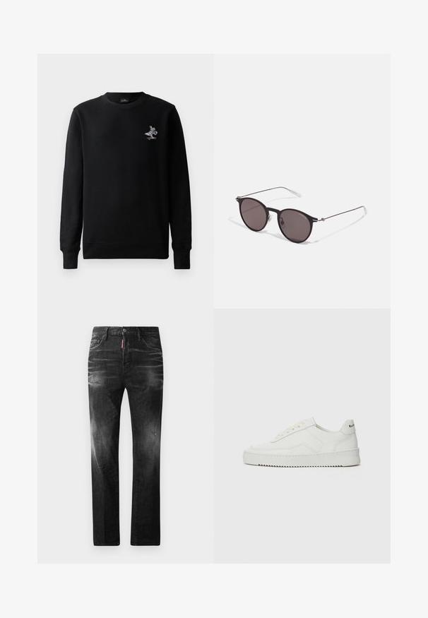 Svart sweatshirt med rund hals, långa ärmar och en liten, färgglad brodyr av en kanin på en skateboard. Mjuk tygkvalitet.; Svarta denimjeans med rak passform. Har blekta områden, mindre slitningar, klassisk femficksdesign och knäppning med knapp.; Vita lädersneakers med en jämn yta, rund tå, platta snörningar och en strukturerad sula. Har en diskret logotyp på hälen.; Svarta runda solglasögon med mörka linser och smala metallarmar. Inkluderar klara tempeltips och silverdetaljer vid gångjärnet. Minimalistisk design.