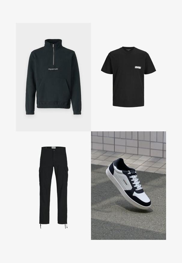 Jack & Jones JORVESTERBRO QUARTER ZIP - Fleecetrøjer - forest river; Sort bomulds T-shirt med korte ærmer, rund hals og et hvidt logotryk på venstre side af brystet. Glat tekstur, klassisk pasform.; Sorte cargo bukser med lige snit, der har sidelommer, knaplukning og elastiske snore ved anklerne. Fremstillet af slidstærkt stof.; Hvide og marineblå lædersneakers med struktureret sål, snørelukning og brandingmærke. Har perforeret tåområde og polstret krave.