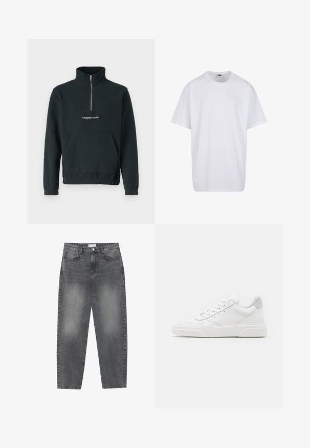 Jack & Jones JORVESTERBRO QUARTER ZIP - Flísová bunda - forest river; Biela bavlnená tričko s krátkymi rukávmi, okrúhlym výstrihom, uvoľneným strihom a žiadnymi viditeľnými logami alebo vzormi. Hladká textúra a minimálny dizajn.; Vysoké, voľné džínsy z vyblednutého čierneho denimu. Obsahujú päť vreciek, pútka na opasok a čistý, rovný strih nohavíc.; Biele kožené tenisky s hladkým povrchom, zaoblenou špičkou, plochými šnúrkami a textúrovanou podrážkou. Sivý semišový akcent na päte.
