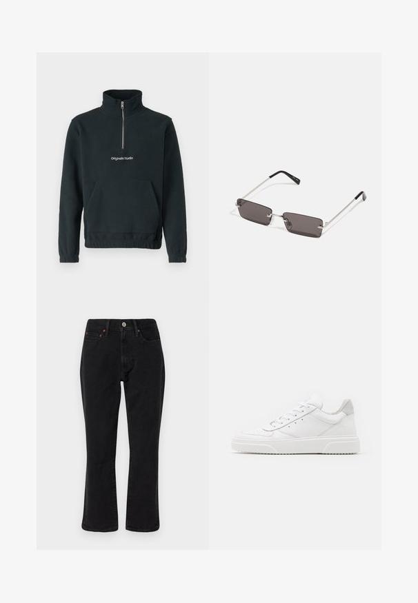 Jack & Jones JORVESTERBRO QUARTER ZIP - Flīsa džemperis - forest river; Melnu denim džinsi ar taisnām kājām, piecu kabatu stilu un metāla detaļām ar varšos akcentiem. Gluda tekstūra un vidēja augstuma.; Baltie ādas sporta apavi ar gludu virsmu, noapaļotu purngalu, plakaniem šņorēm un reljefa zoli. Pelēks zamšādas akcenti pie papēža.; Saulesbrilles ar taisnstūra formas, tumši pelēkiem stikliem, sudraba metāla rāmjiem un melnām plastikāta galviņām uz kājiņām. Viegls dizains ar deguna spilventiņiem.