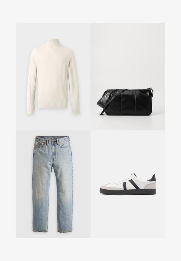Maglione a collo alto lavorato a maglia di colore crema, con maniche lunghe e polsini e orlo a coste, esposto su uno sfondo bianco.; Jeans in denim azzurro chiaro con vita alta, bottone anteriore, cerniera e design a cinque tasche, adagiati su uno sfondo neutro.; Sneaker bianco con accenti neri e grigi, dotata di una punta grigia testurizzata, suola in gomma nera e lacci bianchi piatti. Design pulito, stile minimalista.; Borsa a spalla in pelle nera con chiusura a zip, caratterizzata da un corpo testurizzato, cuciture bianche e una tracolla con occhielli in argento.