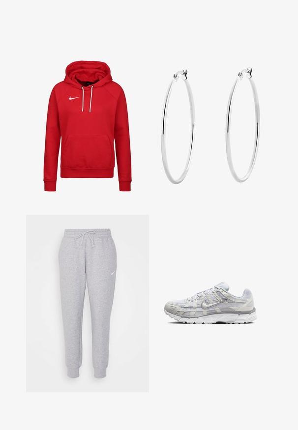 Red Nike hoodie with a front kangaroo pocket, white drawstrings, and a small white logo on the left chest. Soft cotton material and ribbed cuffs.; Light gray sweatpants with a drawstring waist, tapered legs, and a small white logo on the left thigh. Made from a soft, textured fabric.; Light gray athletic shoes with a mesh and synthetic upper, featuring a lace closure, padded collar, and textured sole for grip.; Silver hoop earrings with a smooth, polished surface and a thin, circular shape. The design features a secure clasp.