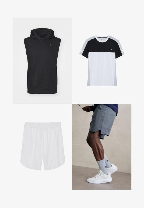 Melnā bez piedurknēm kapuces džemperis ar priekšējo kangaroo kabatu un mazu atstarojošu logotipu uz krūtīm.; Kā šortam piederošs T-krekls ar īsām piedurknēm, iecienītajā melnā augšdaļā, baltā vidusdaļā un pelēkajā apakšā. Ir svītraini akcenti uz piedurknēm. Mīksts audums.; Pier One Sport LONGER FIT QUICK-DRYING SPORTS SHORTS - Sporta šorti - white; Baltas sporta apavu pāris ar strukturētu acs virsu, apvienots ar gaiši zilo riboto zeķu pāri, kurā ir zīmols. Pelēki sporta šorti ar perforētu apdari.