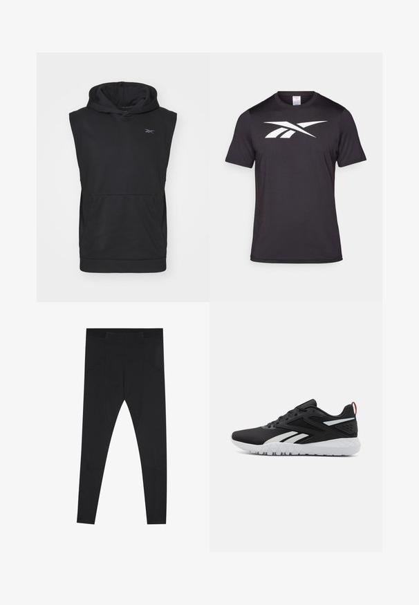 Ujjatlan fekete kapucnis pulóver, elülső kenguru zsebbel és kis fényvisszaverő logóval a mellrészen.; Fekete sportpóló, könnyű anyagból készült, az elülső részén feltűnő fehér logó grafikával. Rövid ujjú és kerek nyakkivágású kialakítás.; Fekete leggings rugalmas anyagból, magas derékkal, paneles részletekkel és sima textúrával. Aktív viseletre tervezve.; Fekete sportcipők, hálós felsőrésszel, fehér részletekkel, textúrázott talppal és piros sarkú szalaggal a további részletekért.