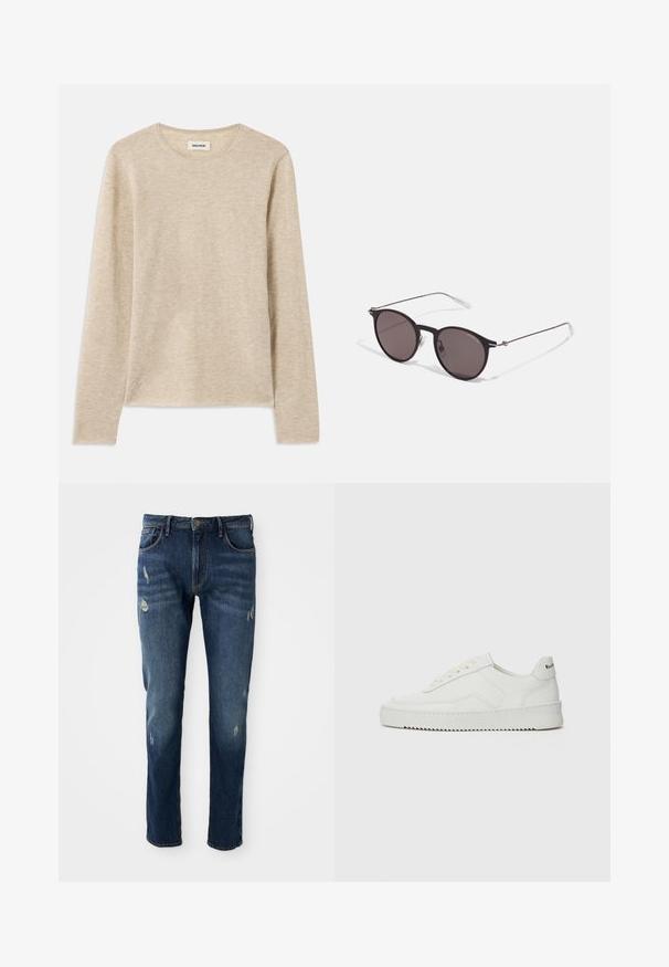 Chemise beige à manches longues en tissu doux, avec un col rond et un subtil détail de couture en bas à gauche.; Jean en denim bleu foncé avec coupe ajustée, légèrement abîmés aux cuisses et aux genoux, design classique à cinq poches et fermeture par bouton.; Baskets en cuir blanc avec une finition lisse, bout arrondi, lacets plats et semelle texturée. Présente un logo discret sur le talon.; Lunettes de soleil noires rondes avec verres sombres et branches en métal fines. Comprend des embouts transparents et des accents argentés au niveau de la charnière. Design minimaliste.