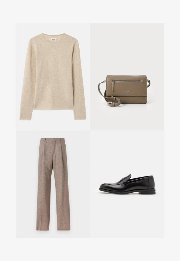 Chemise beige à manches longues en tissu doux, avec un col rond et un subtil détail de couture en bas à gauche.; Pantalons marron taille haute en tissu texturé. Présente des jambes larges et deux plis avant pour la structure. Finition soignée sans matériel visible.; Mocassins en cuir noir avec une texture lisse, bout rond et une sangle décorative sur le dessus. Talon bas empilé, design minimaliste.; Sac en cuir taupe à bandoulière avec une poche frontale zippée, une sangle réglable, une texture granuleuse et un logo embossé à l'avant.