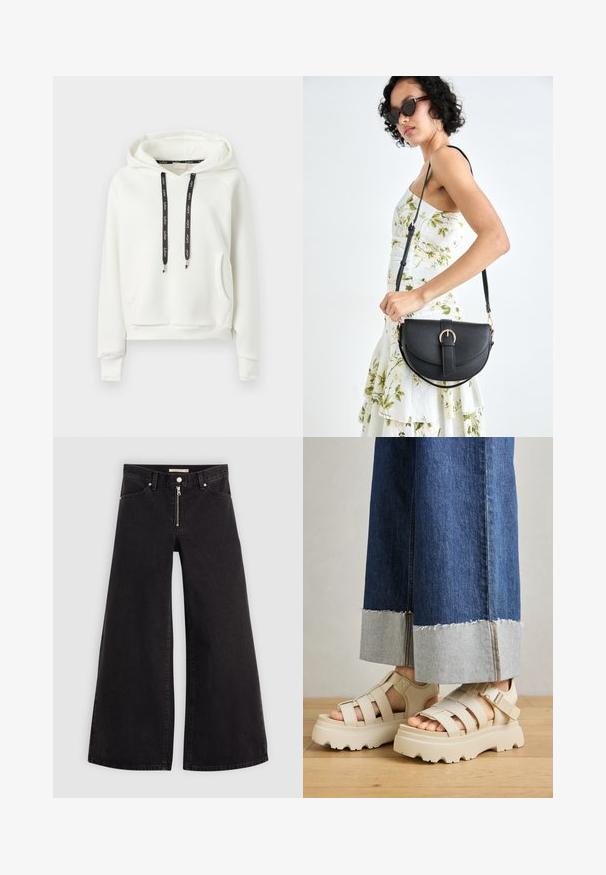 Bela pulover kapuca z žepom na sprednji strani in črnimi vrvicami, ki vsebuje belo natisnjeno besedilo.; Široke traperice iz črnega denima z zadrgo spredaj, petimi žepi in diskretnimi šivi. Gladka tekstura in ležeren slog.; Bež platformske sandale s debelimi podplati imajo trakove in nastavljive gležnjske trakove. Ustrezajo širokim jeans hlačam, pri katerih je eden robov razfrčan.; Črna usnjena torbica s ukrivljeno obliko, z odstranljivo naramnico in zlatimi dodatki. Torbica ima pokrov s podrobnostmi v obliki zaponke.