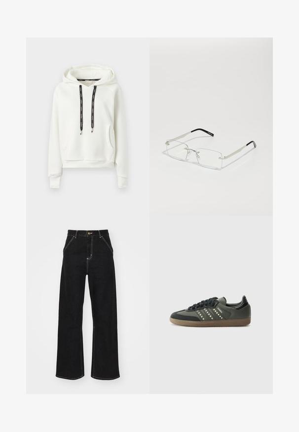 White pullover hoodie with a front kangaroo pocket and black drawstrings featuring white printed text.; Black wide-leg jeans made of denim, featuring contrasting white stitching and a front button closure, with two angled front pockets.; adidas Originals SAMBA OG - Trainers - core black/legend earth/gum; Rectangular, clear-lensed glasses with a thin silver metal frame and black acetate tips. Features minimal hardware for a sleek design.