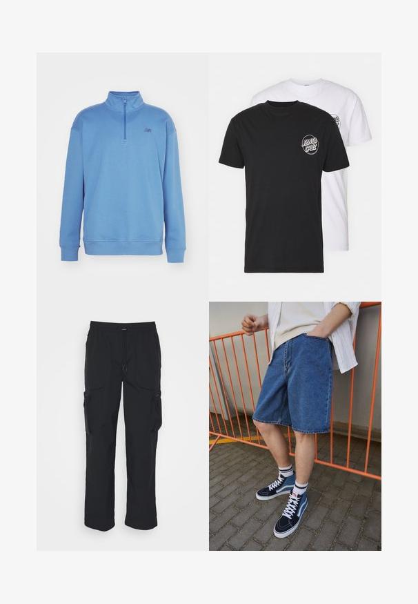 New Balance Sweatshirt - heron blue; Pack med två t-shirts: en svart och en vit. Båda har korta ärmar och en cirkulär logo på bröstet i kontrasterande färg. Material i bomull.; Svarta cargobyxor tillverkade av vävt tyg. Har justerbart midjeband, sidofickor och två verktygsfickor med dragkedjor.; Jeansshorts i blått, knälängd med en framfick. Kombinerat med marinblå och blå höga sneakers med vita snören och randiga strumpor.
