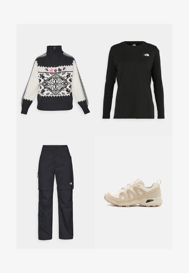Neulepusero, jossa on korkea kaulus, mustavalkoinen geometrinen kuvio, pinkkejä eläinmotivoja ja ribbaustuet.; Musta pitkähihaisen t-paita, joka on valmistettu puuvillasta ja jossa on pyöreä kaula-aukko. Vasemmassa rinnassa on pieni valkoinen logo. Yksinkertainen muotoilu ja istuvuus.; Mustat nailonista valmistetut irrotettavat cargo-housut säädettävillä lahkeilla, useilla taskuilla ja logolla oikeassa jalassa. Liukas, kevyt rakenne.; Beige ja kreemi värvi sportlikud jalanõud, millel on tekstiilne mesh ülemine osa, toetavad ülekatted ja kummist tald, millel on mustripattern haardeks.