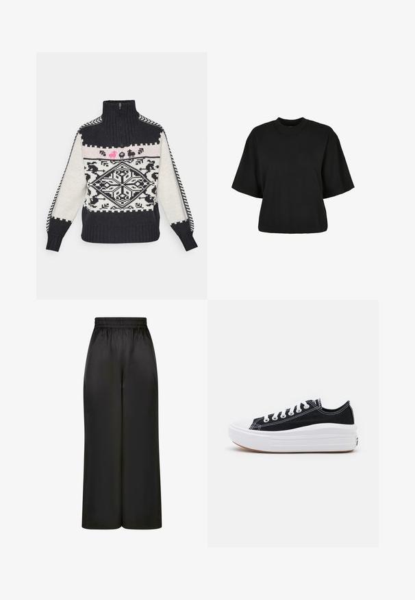 Kootud sviiter kõrge kraega, millel on geomeetriline must-valge muster, roosa loomamotiiv ja soonikkoes ääred.; Must terav t-särk, mis on valmistatud puuvillast. Omab lühikesi varrukaid ja ümmargust kaelust. Sile tekstuur ja lihtne disain, ilma täiendavate mustriteta.; Mustad laiad püksid, mis on valmistatud siledast, läikivast kangast, millel on elastne vöökoht ja ilma nähtavate taskute või riistvara detailideta.; Mustad mustad kingad valgete paeltega, valge kummist varbakattega ja paksu valge vaheosaga. Omab diskreetset valget õmblust ja kummi talla.