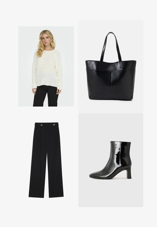 Pull en tricot blanc au design loose, avec un motif texturé et des poignets côtelés, associé à un pantalon noir. L'arrière-plan est unis.; Pantalons larges noirs à taille haute, avec des détails de boutons à la taille et des plis sur le devant.; Bottines en cuir verni noir avec un bout pointu et un talon block de hauteur moyenne. Texture lisse et design minimaliste.; Sac fourre-tout en cuir noir avec deux longues poignées, une texture lisse et une forme structurée. Dispose d'une poche avant pour un rangement supplémentaire.