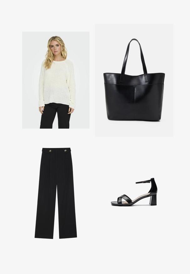 Bijela pletena puloverica sa slobodnim dizajnom, teksturiranim uzorkom i rebrastim manžetama, u kombinaciji s crnim hlačama. Pozadina je jednostavna.; Crne hlače širokih nogavica s visokim strukom, s dugmadi na pojasu i prednjim nabora.; Crne sandale s otvorenim prstima i potpeticama, s ukriženim trakama, podesivom narukvicom oko gležnja i masivnom potpeticom, izrađene od glatke kože.; Crna kožna torba s dugim ručkama, glatkom teksturom i strukturiranim oblikom. Ima prednju džep za dodatno pohranu.
