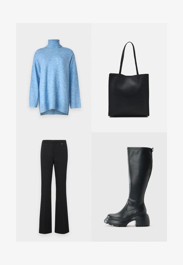 Hellblauer Rollkragenpullover aus weichem Strickmaterial, mit lockerer Passform, langen Ärmeln und Seitenschlitzen am Saum.; Schwarze ausgestellte Hosen aus glattem Stoff. Mittelhoher Bund mit Gürtelschlaufen, flache Vorderseite und ein kleiner goldener Akzent in der Nähe des Bundes.; Hoher schwarzer Lederstiefel mit einer robusten Plateausohle und Blockabsatz, der über eine Zuglasche und ein strukturiertes Profil an der Außensohle verfügt.; Schwarze Laptoptasche aus Leder mit glatter Textur, rechteckiger Form und zwei langen Griffen. Keine sichtbaren Beschläge oder Verzierungen.