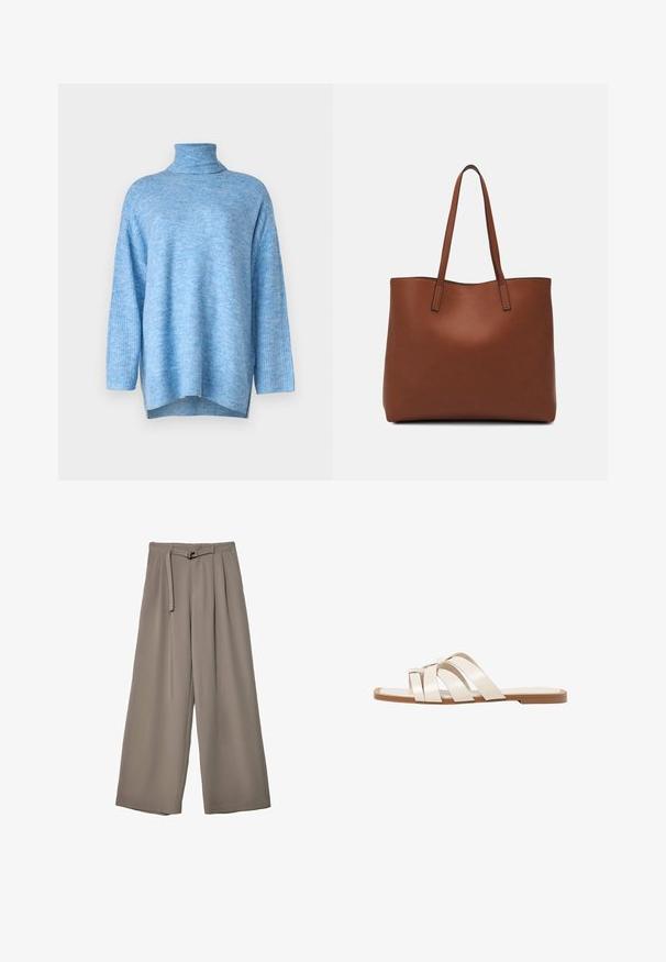 Svetro s svetlo modrim rolakom, izdelan iz mehke pletene tkanine, z sproščenim krojem, dolgimi rokavi in stranskimi razporki na robu.; Široke hlače iz mehke, umirjene sive tkanine, z pasom, ki ga je mogoče zavezati, in z gubami za dodatne oblikovne podrobnosti. Gladka tekstura, brez vzorcev.; Ravne sandale s svetlo rjavim gumijastim podplatom, zasnovane s tremi prekrivajočimi se belimi usnjenimi trakovi in majhnim lokom na sredini.; Rjava usnjena torba z gladko teksturo, odprto zasnovo zgoraj in dvema naramnima trakovoma. Opremljena je z minimalnim šivanjem in brez vidnih kovinskih delov.