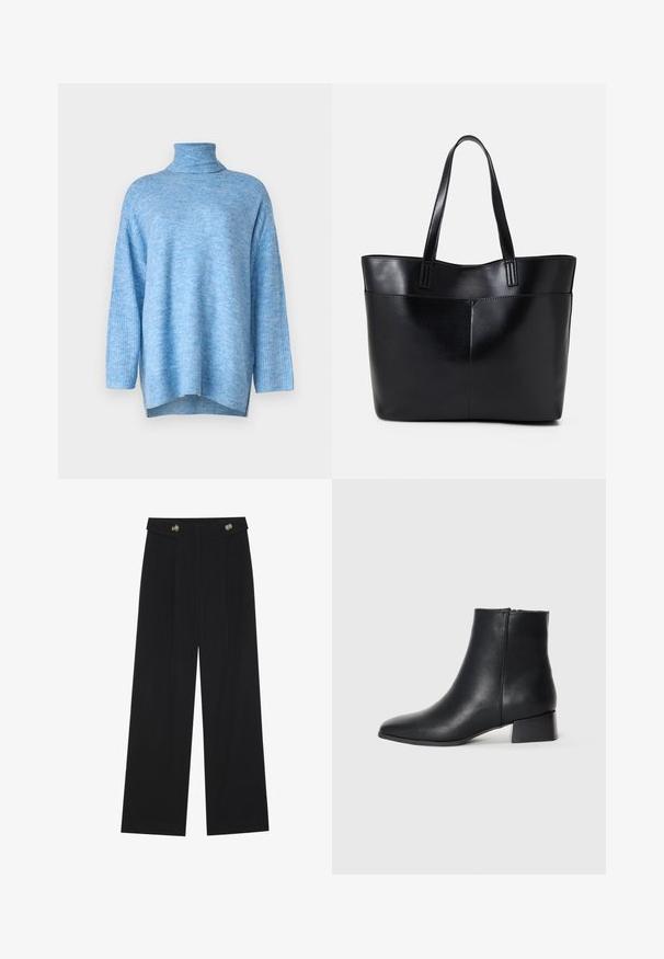 Sweater de gola alta azul claro, feito de material de malha suave, apresentando um corte descontraído, mangas longas e fendas laterais na bainha.; Calças largas pretas com cintura alta, detalhes em botão na cintura e pregas frontais.; Bota de tornozelo em couro preto com bico apontado e um salto bloco baixo, apresentando uma textura lisa e um design minimalista.; Bolsa tote preta em couro com duas alças longas, textura suave e forma estruturada. Apresenta um bolso frontal para armazenamento adicional.
