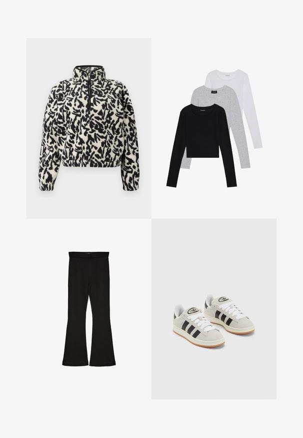 Fleece-pullover i elfenben med sort abstrakt mønster, med halv-lynlås og elastiske ermer for en god passform.; Tre lange ermer t-skjorter stablet: svart, grå og hvit. Hver har en rund hals og et kort design med glatt, lett stoff.; Sorte flared leggings laget av stretchy stoff. Har en bred midjebånd og en glatt tekstur, med en tettsittende silhuett som blir videre nedover.; Grå semsket sneakers med hvite lisser, svarte striper og en hvit gummisåle. Har en sirkulær logo på tungen og en gummisåle.