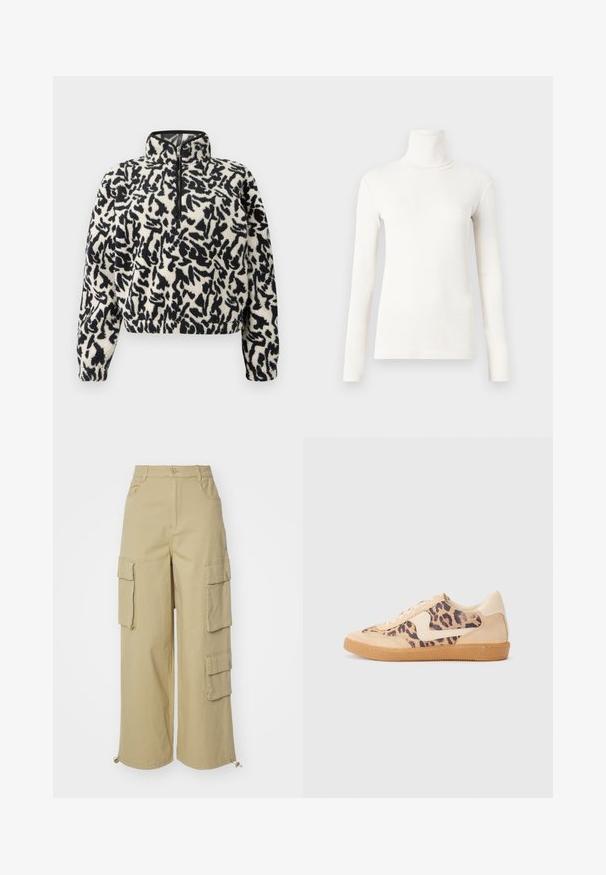 Pullover in pile color avorio con motivo astratto nero, dotato di colletto a mezza zip e polsini elasticizzati per una vestibilità aderente.; Maglietta a maniche lunghe con collo alto in bianco sporco, realizzata in un tessuto morbido ed elasticizzato con un design aderente e texture a coste.; Pantaloni cargo beige con gamba larga, due grandi tasche laterali, tasche frontali e dettaglio con cordino all'orlo. Tessuto in misto cotone.; Sneakers in stampa leopardata con parte superiore in suede beige, suola in gomma color caramello e dettagli bianchi. Punta rotonda e design con lacci, con una finitura testurizzata.
