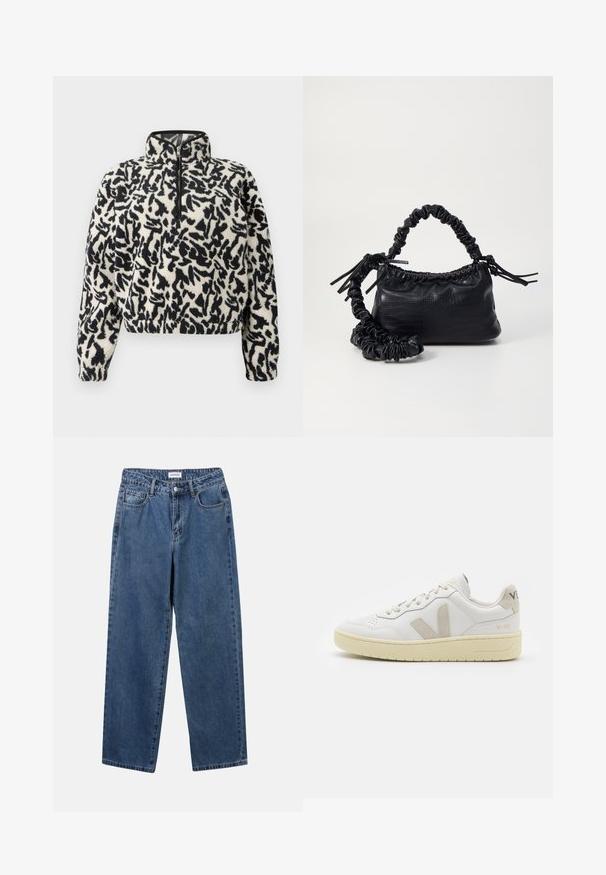 Fleece pullover in ivory with black abstract pattern, featuring a half-zip collar and elasticated cuffs for a snug fit.; Classic blue denim jeans with a straight-leg design, five pockets, and a button closure. Features a medium wash and sturdy texture.; White leather sneaker with beige suede accents, perforated toe box, flat laces, and a textured cream sole. Features subtle branding on heel.; Black faux leather handbag with a crocodile texture, cinched top, and a scrunched strap. Appears soft and compact in design.