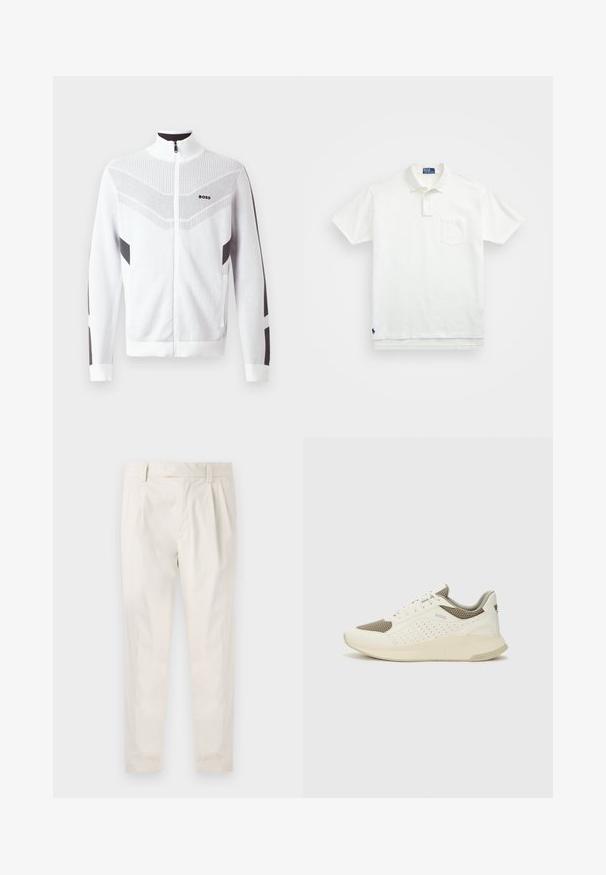 Balta zip-up striukė su aukštu apykakle, turinti tekstūruotą raštą ir tamsiai pilkas akcentus rankovėse ir šonuose. Logo ant krūtinės.; Balta polo marškiniai pagaminti iš medvilnės, su klasikiniais kraštais, trijų mygtukų sprandeliu ir kairiuoju krūtinės kišeniu; mažas logotipas apačioje.; Balti, susiūtos kelnes, turinčios pritaikytą siluetą, pasižyminčias lygia tekstūra, dirželio kilpomis ir siaurėjančiomis kojomis. Nėra matomų kišenių ar raštų.; Baltas ir šviesiai bežinis sportinis kedas, su tinklo viršumi, perforuotais detalėmis ir tekstūruotu tarpine su logotipu ant kulno.