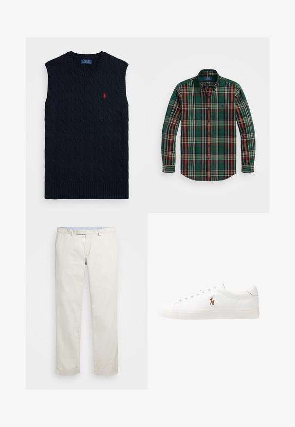Sweater sem mangas em malha canelada azul-marinho, com gola e bainha caneladas, apresentando um pequeno logotipo vermelho de polo no lado esquerdo.; Camisa de botão xadrez verde com riscas laranja, azul-marinho e brancas. Apresenta um colarinho clássico e mangas longas, feita de suave tecido de algodão.; Chinos de algodão bege com frente plana, passantes para cinto e bolsos laterais. Design de perna reta com uma textura suave e uma sensação leve e respirável.; Sapatilhas de couro brancas, design de cano baixo, com textura suave, biqueira redonda, atacadores à frente e um pequeno logótipo bordado na lateral.