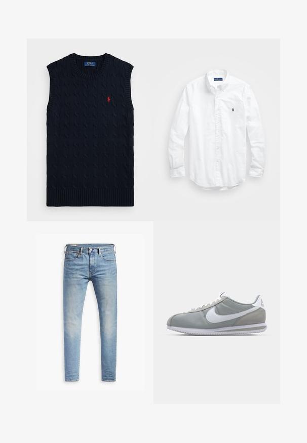 Granatowy sweter bez rękawów z dzianiny w splot szeregowy, z prążkowanym kołnierzem i dolnym wykończeniem, z małym czerwonym logo polo po lewej stronie.; Biała, bawełniana koszula z długim rękawem zapinana na guziki. Posiada klasyczny kołnierzyk, mankiety zapinane na guziki oraz małe, granatowe, haftowane logo na klatce piersiowej.; Jasnoniebieskie, dopasowane dżinsy z lekkim przetarciem na udach, z zapięciem na guziki z przodu, pętelkami na pasek oraz pięcioma kieszeniami, na białym tle.; Szare buty sportowe z cholewką z zamszu i tekstyliów, białym logo Nike i białymi sznurówkami. Posiadają teksturowaną gumową podeszwę i wyściełany kołnierz.