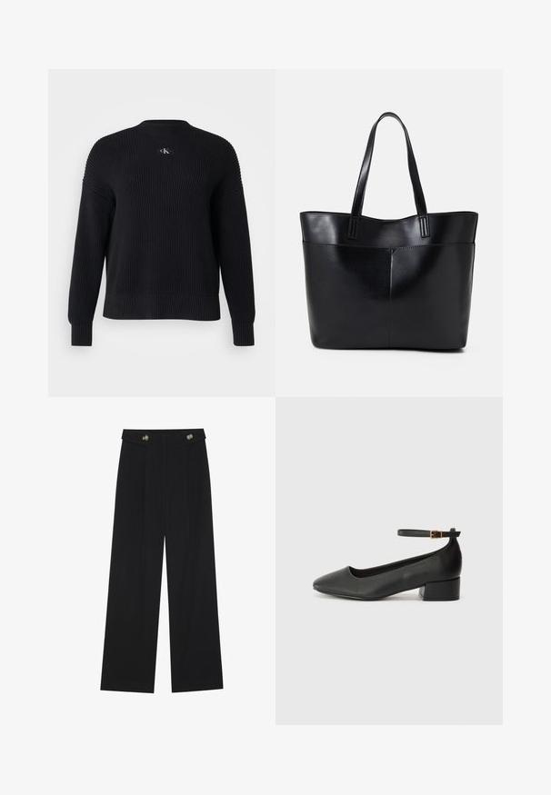 Mustapaitainen neule, jossa on pyöreä pääntie ja pitkät hihat. Sisältää pienen logon rinnassa sekä ribbikudotut hihansuut ja helman.; Mustat leveälahkeiset housut, joissa on korkea vyötärö, napit vyötärönauhassa ja etupuolella laskokset.; Mustat nahkakengät, joissa on terävä kärki ja matala lohkare korko. Varustettu nilkkahihnalla, jossa on kultasävyinen solki. Lisää sileä pinta.; Musta nahkainen kassi, jossa on kaksi pitkää kahvaa, sileä pinta ja jämäkkä muoto. Sisältää etutaskun lisävarastointia varten.