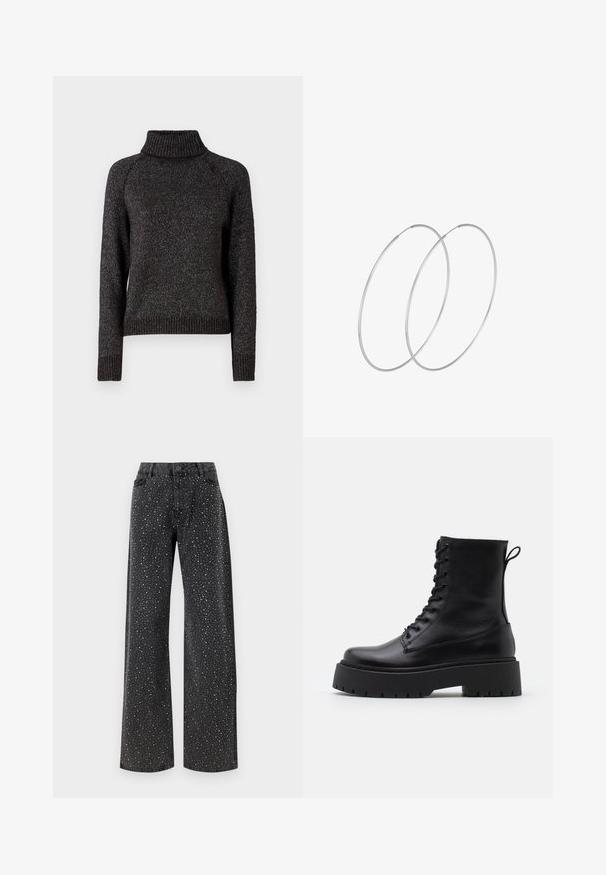 Noisy May NMTARA ROLL NECK - Neule - blackv; Noisy May NMJANNEL LOOSE - Relaxed fit -farkut - black denim; Musta nahkainen nilkkureita, joissa on pyöreä kärki, nauhakiinnitys edessä ja paksu kumipohja, jossa on teksturoitu pinta. Takana vetotappi.; Hopehope hopeilla, joissa on minimalistinen muotoilu. Pyöreä muoto, sileä pinta ja ohut profiili. Kevyet ja kiillotetut.