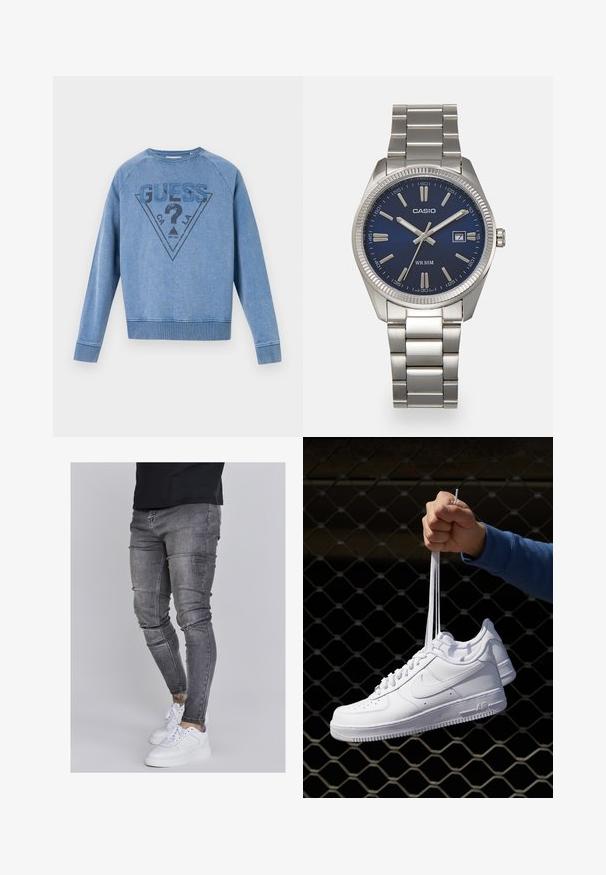 Svetlomodrý crewneck mikina s logom "GUESS", otáznikom a textom "CA LA" vnútri trojuholníka na prednej strane.; Chudé džínsy v bledom šedom denime s obnosnými detailmi na kolenách, skombinované s bielymi teniskami. Hladká textúra, úzky strih.; Biele kožené tenisky s perforáciami, okrúhlou špičkou, plochou podrážkou a hrubými šnúrkami, pričom majú viditeľné logo swoosh a nápis "AIR" na päte.; Strieborné nerezové hodinky s modrým ciferníkom, kovovými hodinovými značkami a dátumovým oknom na 3. hodine. Vodotesné do hĺbky 50 metrov.