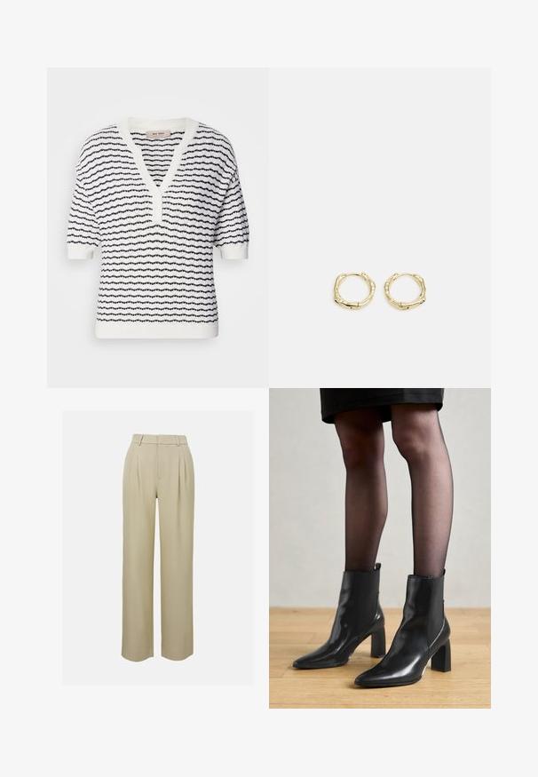Biała krótka bluzka z krótkim rękawem z granatowymi poziomymi paskami, dekoltem w kształcie V i zapięciem na guziki, z teksturowanym wzorem dzianiny na całej powierzchni.; Beżowe spodnie o szerokich nogawkach, wykonane z gładkiego materiału, z plisami z przodu, dopasowanym pasem i bocznymi kieszeniami. Czyste wykończenie dołu.; Czarne skórzane botki za kostkę z ostro zakończonym noskiem, masywnym kwadratowym obcasem i eleganckim designem. Posiadają elastyczne boczne panele dla łatwego zakładania.; Złote kolczyki w kształcie obręczy o teksturowanej, nieregularnej formie. Posiadają bezszwowe zapięcie oraz polerowane wykończenie, podkreślające nowoczesny design.
