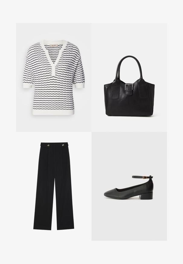 White short-sleeve sweater with navy horizontal stripes, V-neck, and button closure, featuring textured knit pattern throughout.; Black wide-leg trousers with high waist, button details on waistband, and front pleats.; Black leather pump with a pointed toe and a low block heel. Features an ankle strap with a gold-tone buckle. Smooth texture.; Black leather tote bag with smooth texture, structured shape, two handles, and a prominent silver buckle detail on the front.