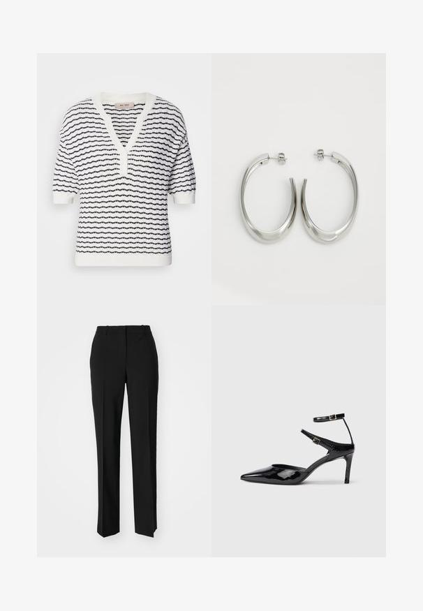 Hvit kortermet genser med marineblå horisontale striper, V-hals og knappelukking, med teksturert strikkemønster over hele.; Sorte skreddersydde bukser med rett silhuett, med en glatt tekstur og klare pressede bretter foran. Ingen synlig maskinvare.; Sorte lakkede hæle med spids tå, justerbare ankelstropper og en slank hæl. Glat tekstur med en skinnende overflade.; Sølvøreringer med en jevn, buet design. Har en blank metallisk finish og en studlås. Ingen synlige mønstre eller aksenter.