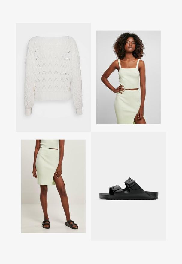Off-white knitted sweater featuring a diamond pattern, ribbed cuffs and hem, with a loose fit and wide neckline.; Light green ribbed crop top with square neckline and thick straps, paired with a matching knee-length skirt featuring a side slit.; Light green ribbed knit skirt with a thigh-high slit, paired with black slide sandals. Simple, fitted design highlights texture and color.; Black rubber sandals with two adjustable straps, textured footbed, and a thick treaded sole, featuring a minimalist design.