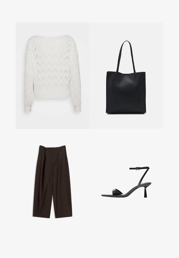 Pull en tricot écru avec un motif en losanges, des poignets et un ourlet côtelés, avec une coupe ample et un col large.; Pantalons larges marron foncé à taille haute, dotés d'une fermeture à un bouton et d'un devant plissé. Confectionnés en tissu léger.; Bershka Sandales à talons hauts - black; Sac fourre-tout en cuir noir avec une texture lisse, de forme rectangulaire et deux longues poignées. Pas de matériel ou d'ornementations visibles.