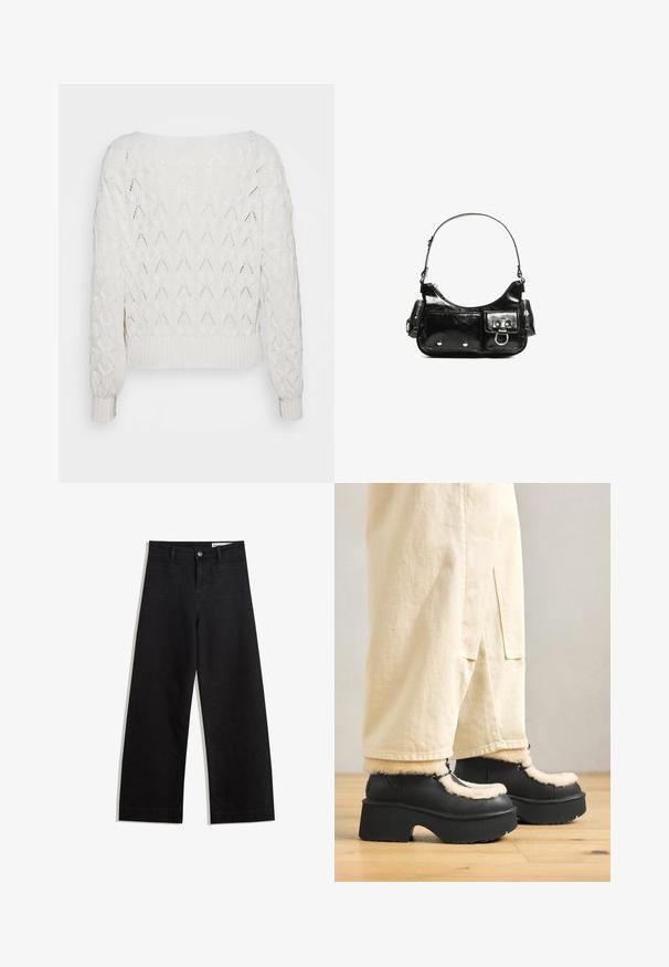 Off-white pleteno pulover z diamantnim vzorcem, rebrastimi manšeti in robom, ohlapen kroj ter širok izrez.; Črne široke denim hlače z visokim pasom, ki imajo sprednje in zadnje žepe, šivane šive ter gumbasto zapiranje. Gladka tekstura.; Črne platforme čevlje z okroglo konico, ki imajo puhasto smetano barve ovratnik in vezalne detajle, v kombinaciji z ohlapnimi bež hlačami na lesenem tleh.; Črna lakasta usnjena torbica s ukrivljeno obliko, enim ramenskim trakom, sprednjimi žepi in srebrnimi kovinskimi dodatki.