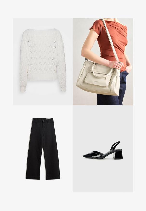 Off-white knitted sweater featuring a diamond pattern, ribbed cuffs and hem, with a loose fit and wide neckline.; Black wide-leg denim pants with a high waist, featuring front and back pockets, stitched seams, and a button closure. Smooth texture.; Black patent leather slingback heels with a pointed toe and a geometric block heel. Features a sleek, minimal design and smooth texture.; White leather handbag with dual handles and a detachable strap, featuring a front zip pocket and smooth texture. Carrying on a person's arm.