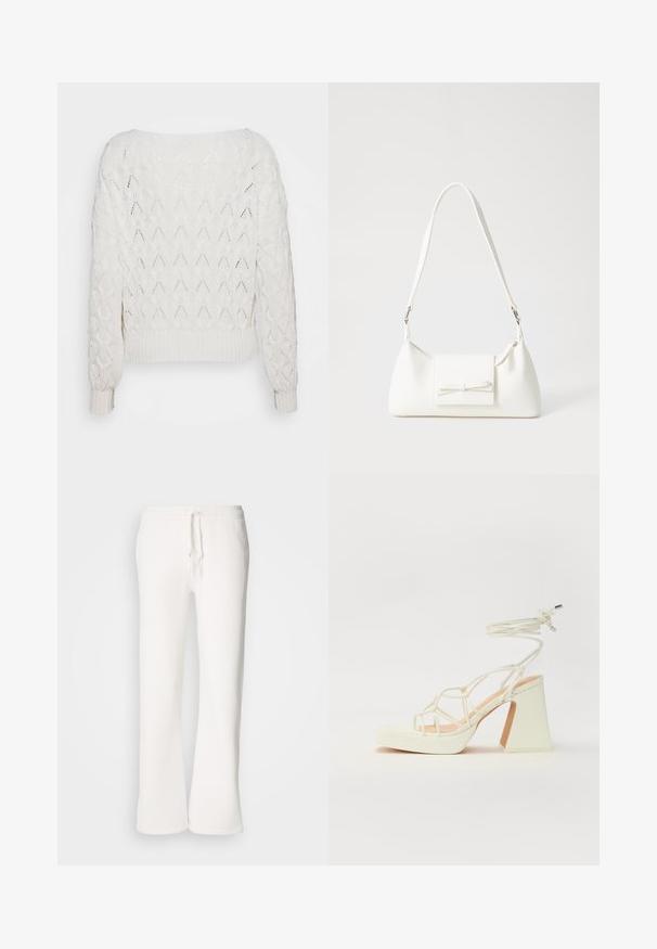 Maglione lavorato a maglia off-white con motivo a rombi, polsini e orlo a coste, con una vestibilità ampia e scollatura larga.; Pantaloni della tuta bianchi, a vestibilità ampia, realizzati in tessuto morbido, con vita elastica dotata di laccetto e design a gamba dritta.; Sandalo bianco con tacco alto, caratterizzato da un design a cinturini e un legaccio alla caviglia. Texture liscia con una piattaforma frontale per un'altezza aggiuntiva.; Borsa sintetica bianca a forma triangolare, con patta anteriore piatta e dettaglio a fiocco, tracolla regolabile, texture liscia e design minimalista.