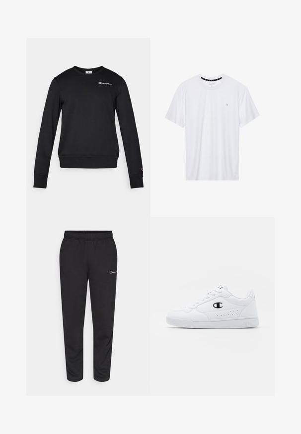 Sweatshirt noir en mélange de coton, avec des manches longues, un col rond, et un petit logo Champion blanc sur la poitrine.; T-shirt blanc à col rond en coton, avec des manches courtes et un petit logo brodé sur la partie gauche de la poitrine. Texture douce.; Pantalon de survêtement noir en mélange de coton, avec une taille élastique et un petit logo blanc sur le côté gauche. Conception à jambes fuselées.; Baskets de sport blanches avec une tige synthétique lisse, accent logo noir et détails perforés sur le côté. Semelle en caoutchouc.