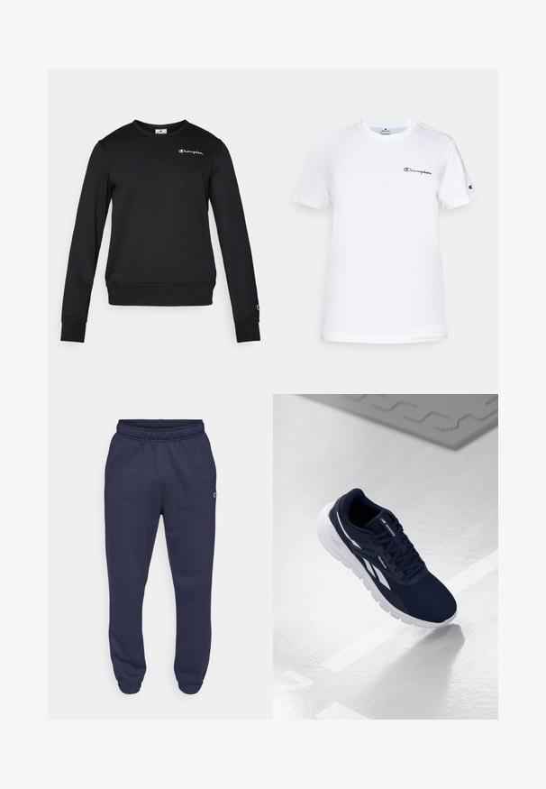 Sort sweatshirt lavet af et bomuldsblend, med lange ærmer, rund halsudskæring og et lille hvidt Champion-logo på brystet.; Hvid bomulds t-shirt med rund hals, korte ærmer og et sort broderet "Champion" logo på brystet og ærmeaccent.; Champion ICONS CUFF PANTS - Træningsbukser - navy; Marine atletisk sko med en struktureret overdel, hvide detaljer og en polstret sål. Har en snøredesign og logo på tungen.