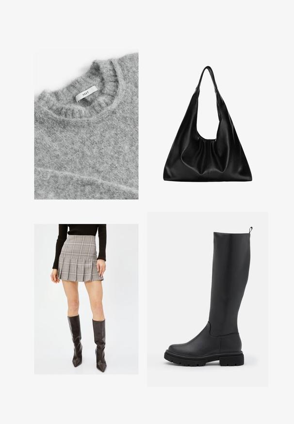 Next Strickpullover - grey; Grau karierten Minirock mit Falten, der vertikale und horizontale Linien in Schwarz, Weiß und Rot aufweist. Kombiniert mit schwarzen kniehohen Stiefeln.; Schwarzer kniehoher Stiefel aus glattem, mattem Material mit einer massiven Sohle, runder Zehe und einer Ziehlasche an der Oberseite für einfaches Anziehen.; Schwarze Leder-Hobo-Tasche mit einer weichen, geschwungenen Form. Sie verfügt über einen breiten Oberhandgriff und Falten an der Basis für eine lässige Textur.