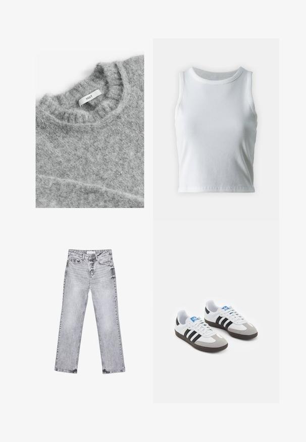 Next Trui - grey; Witte geribde tanktop met een ronde halslijn en mouwloos ontwerp, voorzien van een rechte zoom en een gladde, rekbare textuur.; Grijze denim jeans met een rechte pijp, versleten details, vijf zakken en koperen klinknagels. De tailleband is voorzien van een logo-label.; Sportschoenen met een witte leren bovenkant, grijze suède neus en drie zwarte strepen. Bevat een blauw logo op de tong en een gestructureerde rubberen zool.