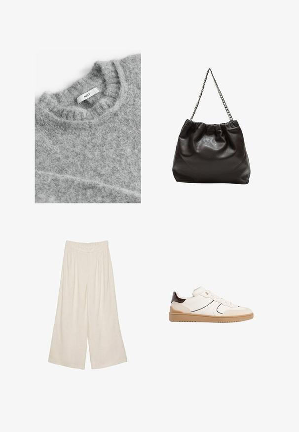 Next Pullover - grey; Pantalons large en lin de couleur beige clair avec un design plissé et une taille élastique pour plus de confort et de facilité d'enfilage.; Stradivarius Baskets basses - white; Sac en cuir marron avec un haut froncé et une bandoulière en chaîne. Texture lisse avec une finition brillante et des coutures subtiles sur les côtés.