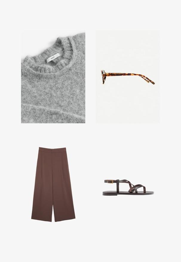 Next Pulover - grey; Rjave široke hlače z gladko teksturo, ki imajo visok pas in sprednje naborke. Tkanina je lahka in prosto pada.; Rjav usnjen sandal z načinom prečnega črta, zaklepom okoli gležnja in ravnim podplatom z minimalnimi šivi.; Sončna očala iz želvosliva z debelimi okvirji, rahlo ukrivljenimi nogicami in gladko teksturo. Imajo klasičen dizajn z sijočim finišom.; Rjava usnjena torbica prek telesa s ukrivljeno obliko, zlate opreme in sponko. Ima odstranljiv naramni trak.