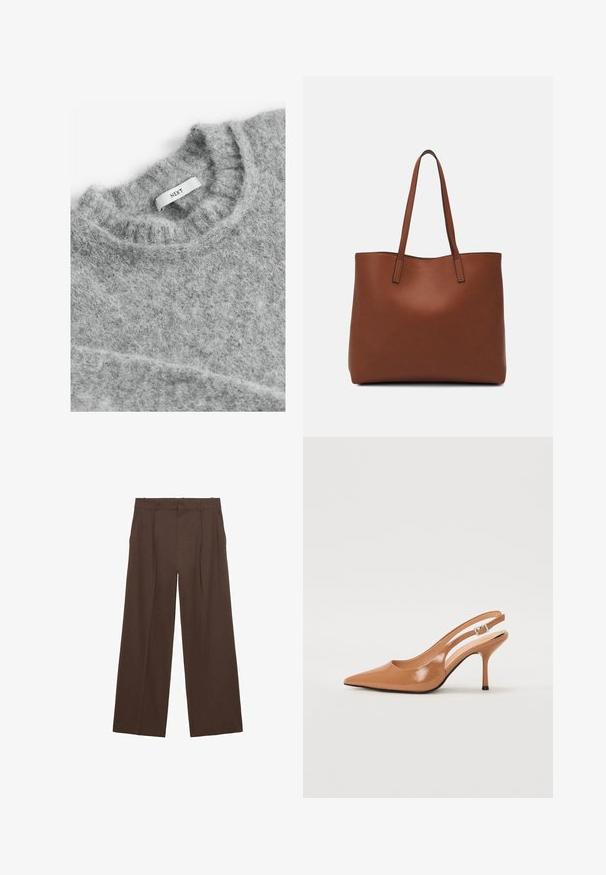 Next Pulover - grey; Pantaloni largi maro, confecționați dintr-un material neted, cu talie înaltă, plisaje frontale și două buzunare laterale.; Pantofii cu toc slingback, cu vârful ascuțit, dintr-un material tan neted și strălucitor. Prezintă un design cu decupaj curbat și un toc subțire stil stiletto. Detaliu cu cataramă argintie.; Geantă de umăr din piele maro cu o textură netedă, design cu vârf deschis și două curele pentru umăr. Prezintă cusături minime și fără componente metalice vizibile.