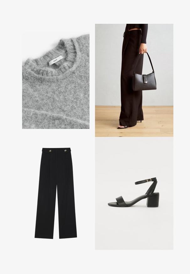 Next Džemperis - grey; Melnas platās bikses ar augstu jostasvietu, pogu detaļām uz jostas un priekšējām krokām.; Melnas papēžu sērijas sandales ar gludu ādas virsmojumu, atvērtu pirkstu, platām priekšējām siksnām un regulējamu potītes siksnu ar zelta sprādzi.; Melnā somiņa ar strukturētu formu, gludu tekstūru un metālu sprādzi. Saskaņota ar platām melnām biksēm un sandālēm ar atvērtu purngalu uz koka grīdas.