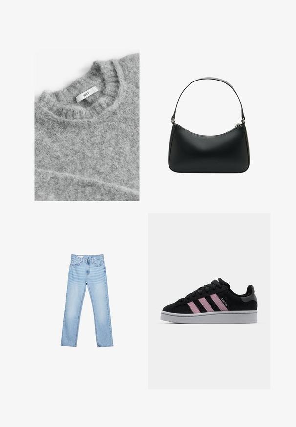 Next Striktrøje - grey; Lyseblå denimjeans med lige pasform, fem-lomme-design og synlig syning. Mellem-høj talje med klassisk knap- og lynlåslukning.; Sort ruskinds sneakers med lyserødt tre-stribe design, grå gummisål og struktureret tunge. Har branding på siden og hælen.; Sort læder skuldertaske med en buet form, enkelt fladt rem og lynlås lukning øverst. Glat tekstur med minimale hardware detaljer.
