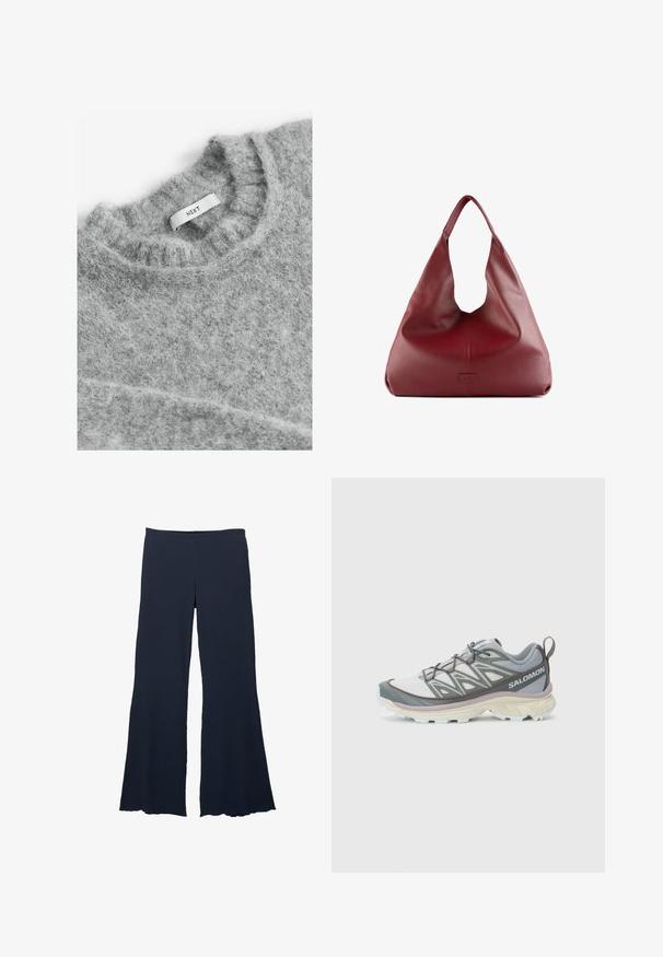Next Pulóver - grey; Sötétkék, széles szárú nadrág texturált anyagból, magas derékrésszel és harangszárú végződéssel, sima, áramló sziluettel.; Könnyű, több anyagból készült futócipő szürke és fehér felsőrésszel, texturált hálós anyaggal, párnázott talppal és jellegzetes fűződíszítéssel.; Piros bőr hobo táska széles, laza kialakítással és nagy nyitással, finom textúrával és a tetején lévő logóval az elején.